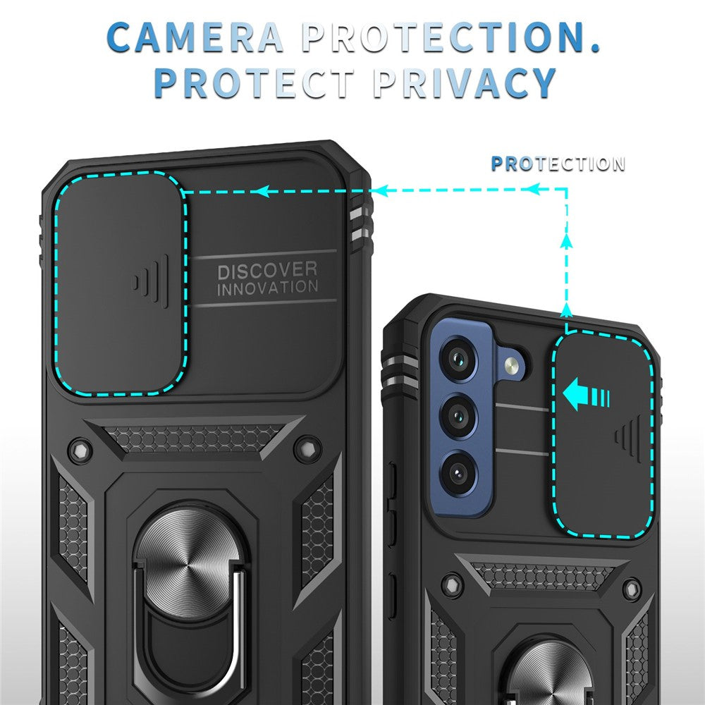 For Samsung Galaxy S22 5G Case Ring Kickstand Anti-Scratch Hard PC + TPU Bumper Shockproof Protective Cover with Sliding Camera Lens Protector