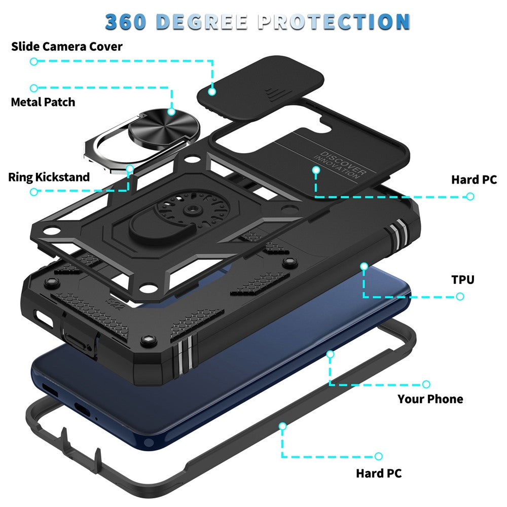For Samsung Galaxy S22 5G Case Ring Kickstand Anti-Scratch Hard PC + TPU Bumper Shockproof Protective Cover with Sliding Camera Lens Protector