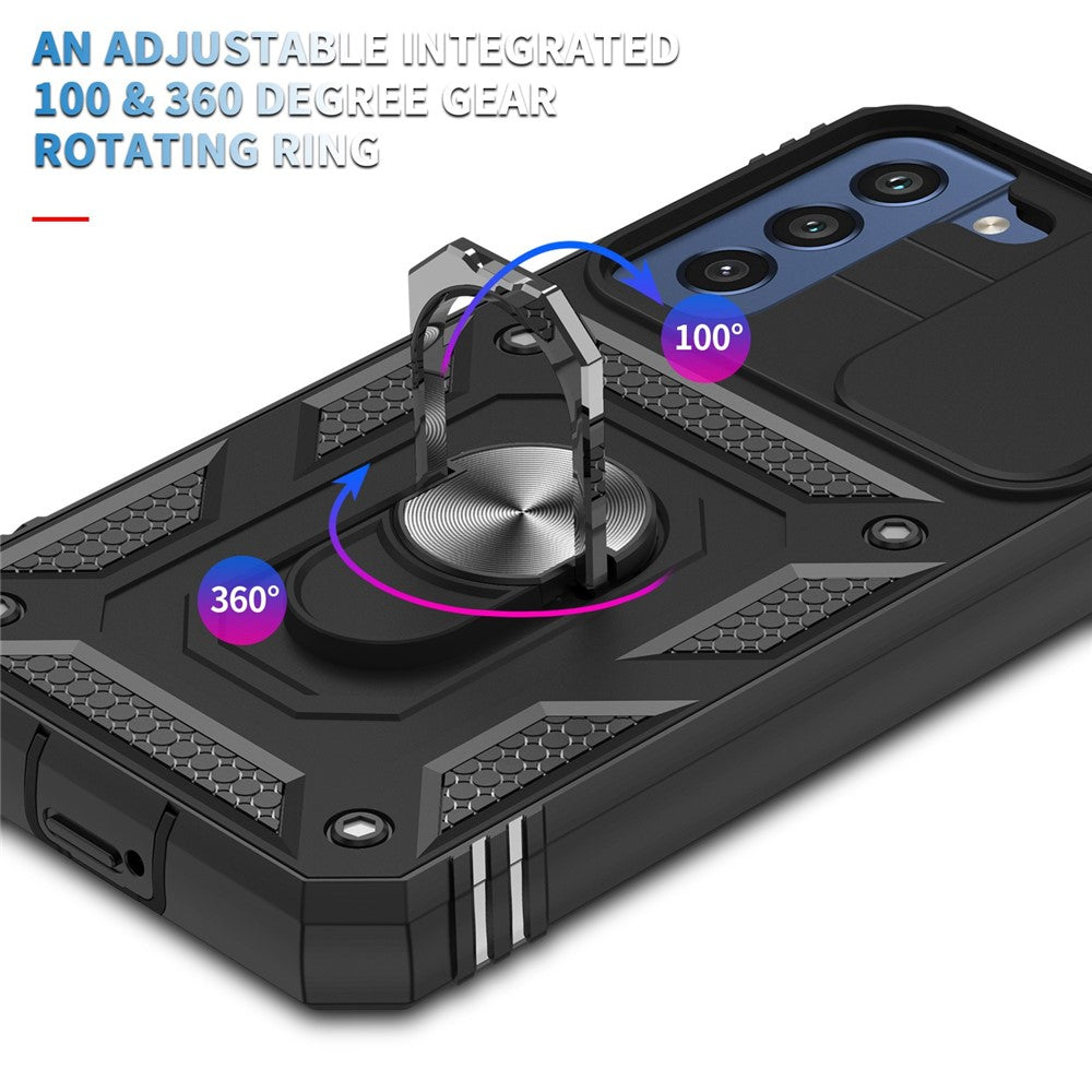 For Samsung Galaxy S22 5G Case Ring Kickstand Anti-Scratch Hard PC + TPU Bumper Shockproof Protective Cover with Sliding Camera Lens Protector