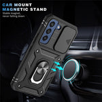 For Samsung Galaxy S22 5G Case Ring Kickstand Anti-Scratch Hard PC + TPU Bumper Shockproof Protective Cover with Sliding Camera Lens Protector