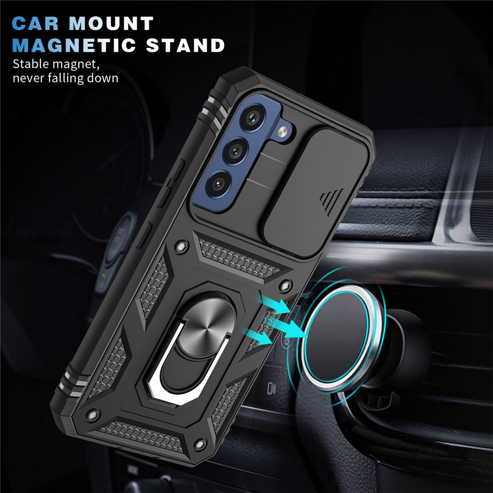 For Samsung Galaxy S22 5G Case Ring Kickstand Anti-Scratch Hard PC + TPU Bumper Shockproof Protective Cover with Sliding Camera Lens Protector
