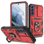 For Samsung Galaxy S22 5G Case Ring Kickstand Anti-Scratch Hard PC + TPU Bumper Shockproof Protective Cover with Sliding Camera Lens Protector
