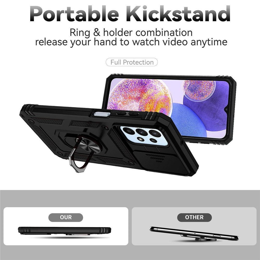 For Samsung Galaxy A23 4G / 5G (Global Version) PC + TPU Dual Layer Armor Case Slide Lens Protection Scratch-Resistant Cover with Built-in Rotate Magnetic Kickstand