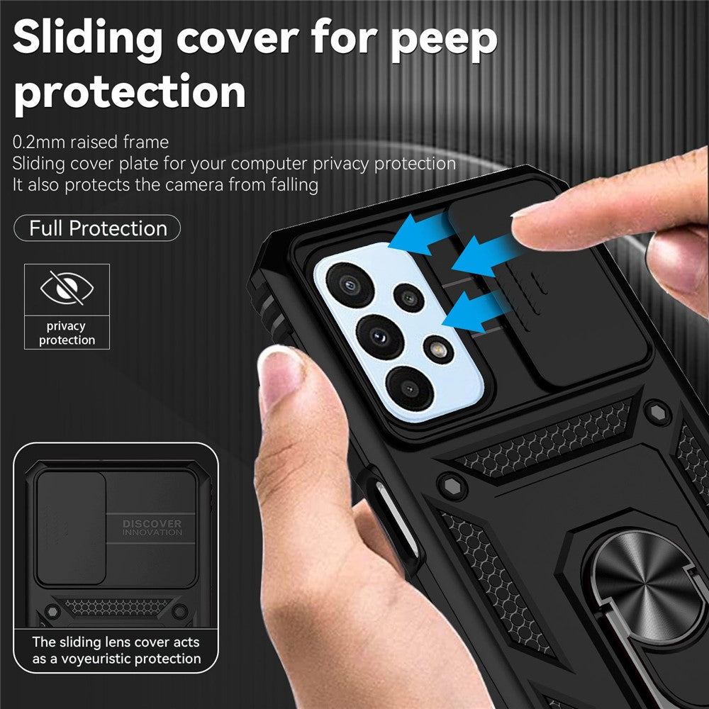 For Samsung Galaxy A23 4G / 5G (Global Version) PC + TPU Dual Layer Armor Case Slide Lens Protection Scratch-Resistant Cover with Built-in Rotate Magnetic Kickstand