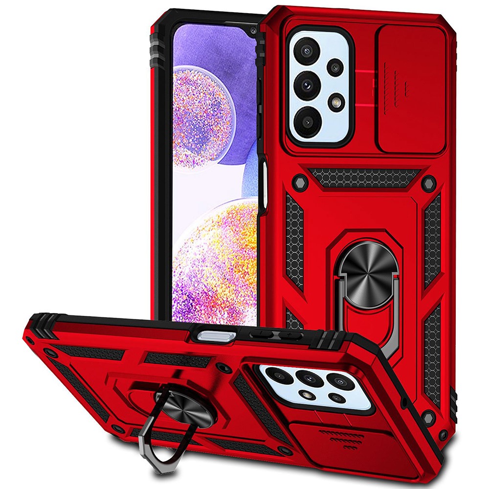 For Samsung Galaxy A23 4G / 5G (Global Version) PC + TPU Dual Layer Armor Case Slide Lens Protection Scratch-Resistant Cover with Built-in Rotate Magnetic Kickstand