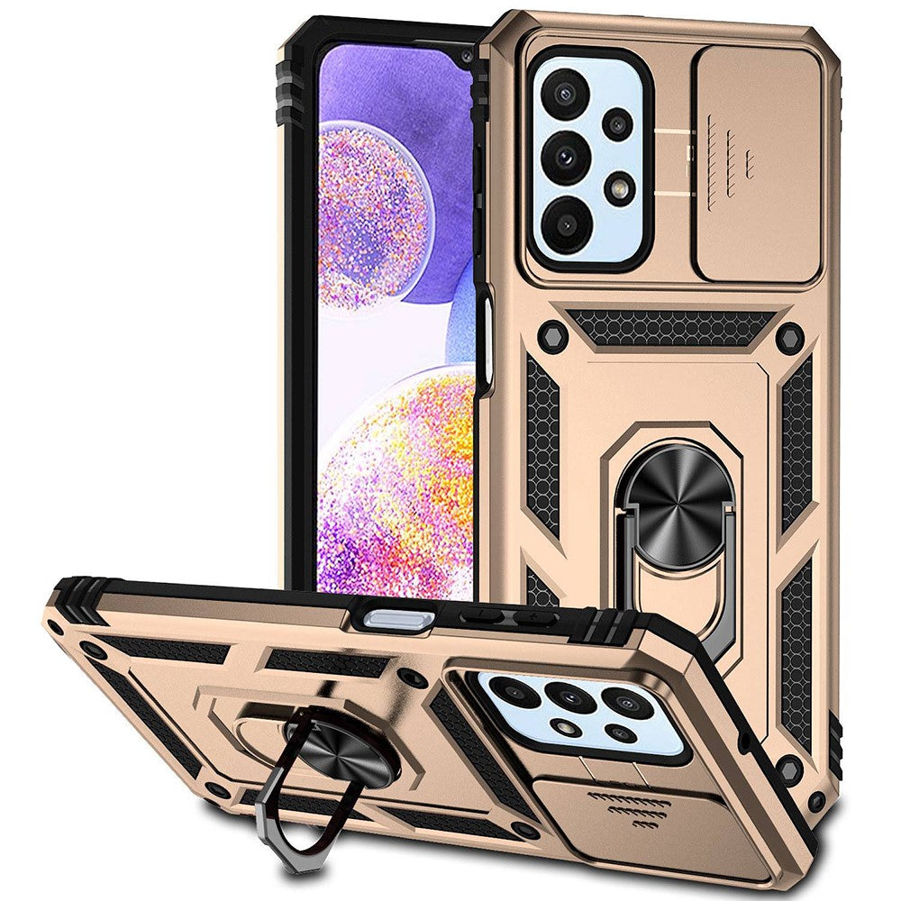 For Samsung Galaxy A23 4G / 5G (Global Version) PC + TPU Dual Layer Armor Case Slide Lens Protection Scratch-Resistant Cover with Built-in Rotate Magnetic Kickstand