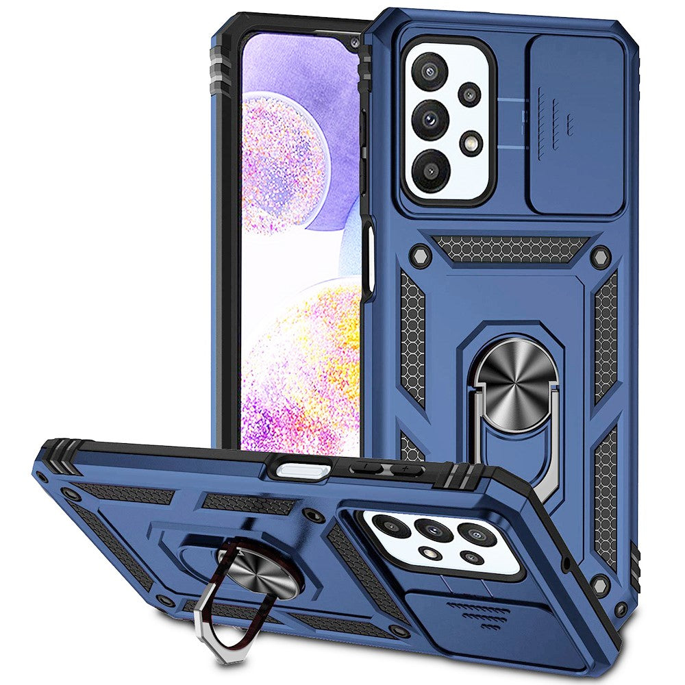 For Samsung Galaxy A23 4G / 5G (Global Version) PC + TPU Dual Layer Armor Case Slide Lens Protection Scratch-Resistant Cover with Built-in Rotate Magnetic Kickstand
