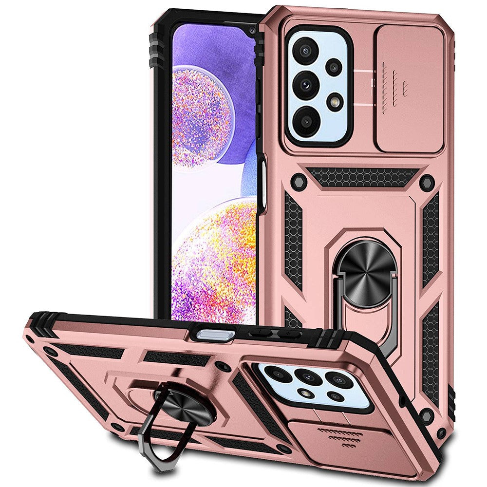 For Samsung Galaxy A23 4G / 5G (Global Version) PC + TPU Dual Layer Armor Case Slide Lens Protection Scratch-Resistant Cover with Built-in Rotate Magnetic Kickstand