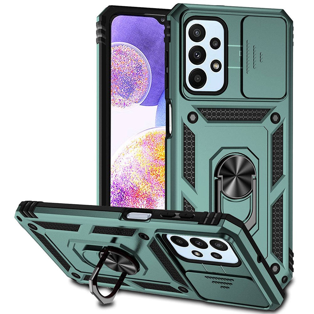 For Samsung Galaxy A23 4G / 5G (Global Version) PC + TPU Dual Layer Armor Case Slide Lens Protection Scratch-Resistant Cover with Built-in Rotate Magnetic Kickstand