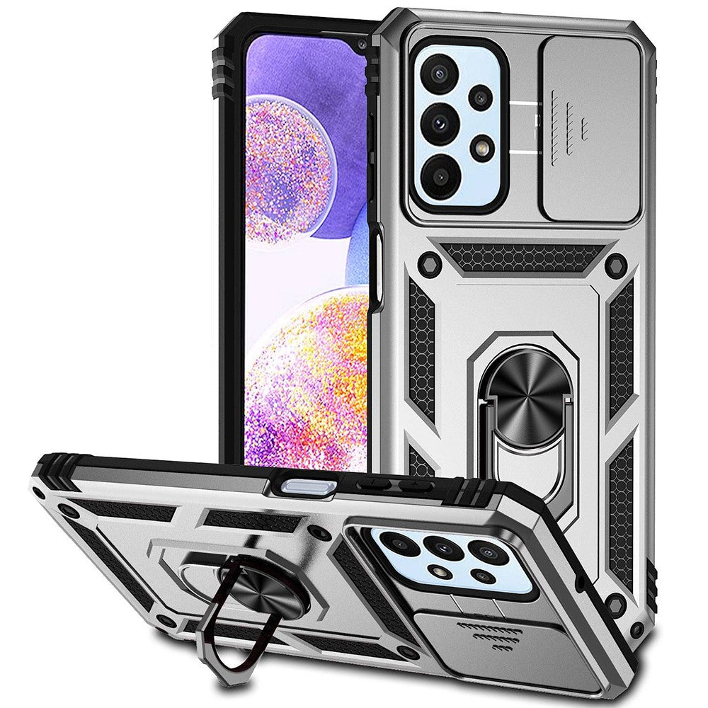 For Samsung Galaxy A23 4G / 5G (Global Version) PC + TPU Dual Layer Armor Case Slide Lens Protection Scratch-Resistant Cover with Built-in Rotate Magnetic Kickstand