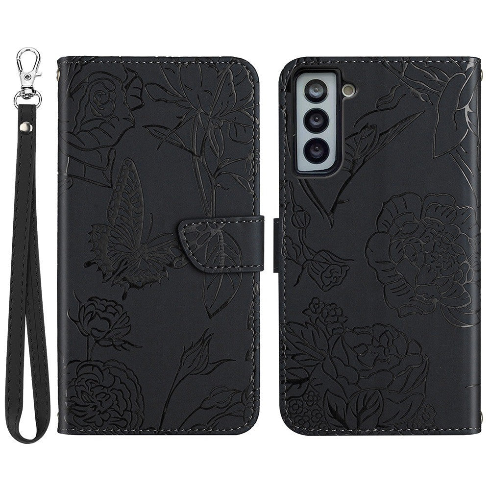 For Samsung Galaxy S21+ 5G Magnetic Butterfly Flower Pattern Imprinted Leather Flip Wallet Case Folio Stand View Skin-touch Feeling Shell with Wrist Strap