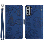 For Samsung Galaxy S21+ 5G Magnetic Butterfly Flower Pattern Imprinted Leather Flip Wallet Case Folio Stand View Skin-touch Feeling Shell with Wrist Strap