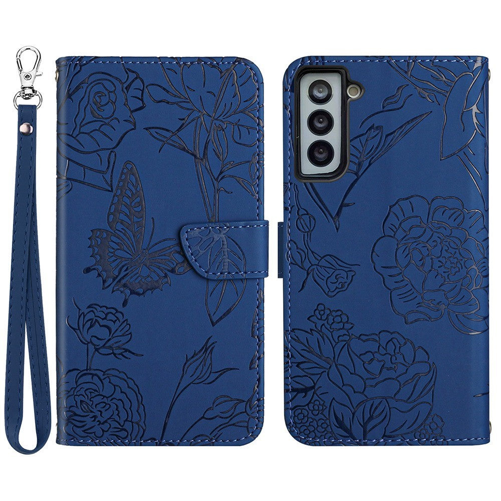For Samsung Galaxy S21+ 5G Magnetic Butterfly Flower Pattern Imprinted Leather Flip Wallet Case Folio Stand View Skin-touch Feeling Shell with Wrist Strap