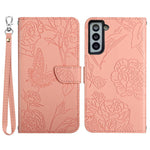 For Samsung Galaxy S21+ 5G Magnetic Butterfly Flower Pattern Imprinted Leather Flip Wallet Case Folio Stand View Skin-touch Feeling Shell with Wrist Strap