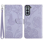 For Samsung Galaxy S21+ 5G Magnetic Butterfly Flower Pattern Imprinted Leather Flip Wallet Case Folio Stand View Skin-touch Feeling Shell with Wrist Strap
