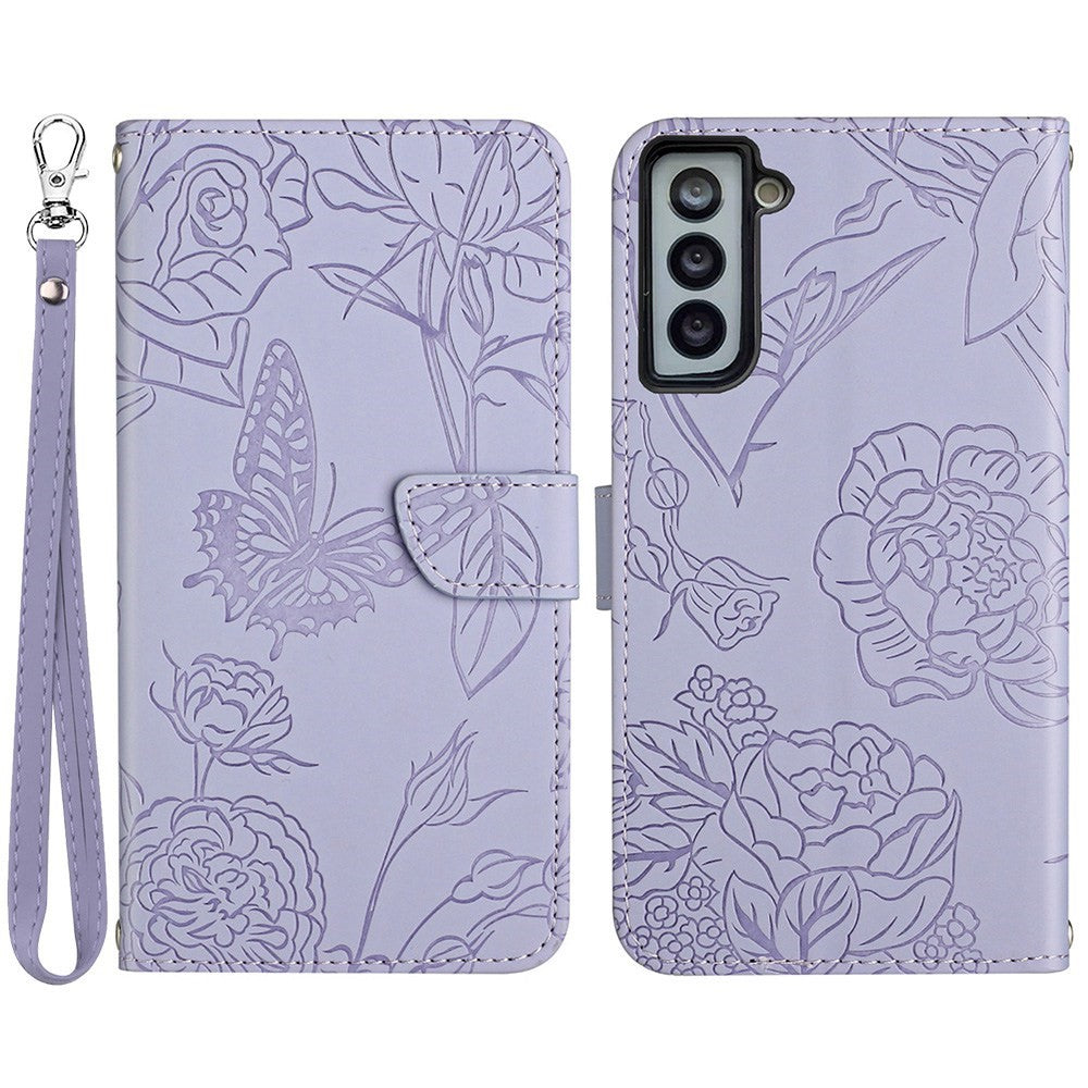 For Samsung Galaxy S21+ 5G Magnetic Butterfly Flower Pattern Imprinted Leather Flip Wallet Case Folio Stand View Skin-touch Feeling Shell with Wrist Strap