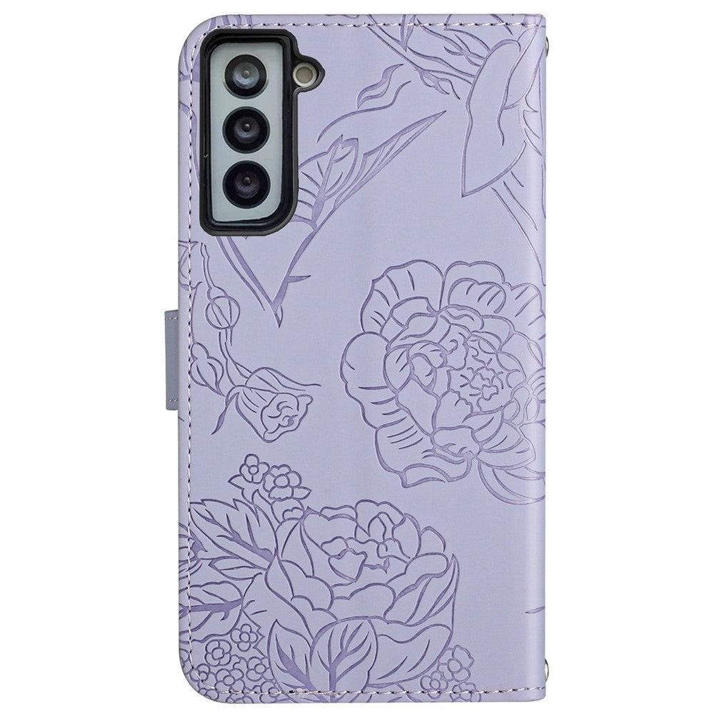 For Samsung Galaxy S21+ 5G Magnetic Butterfly Flower Pattern Imprinted Leather Flip Wallet Case Folio Stand View Skin-touch Feeling Shell with Wrist Strap