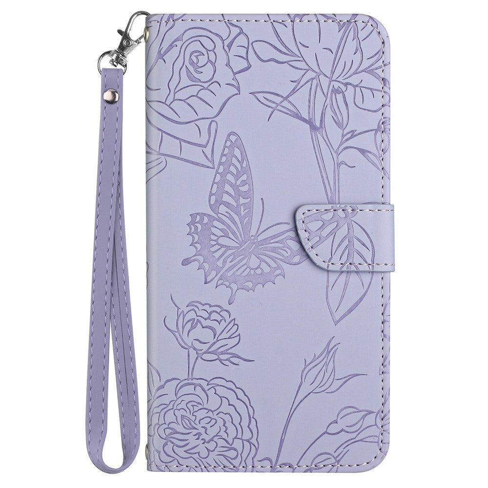 For Samsung Galaxy S21+ 5G Magnetic Butterfly Flower Pattern Imprinted Leather Flip Wallet Case Folio Stand View Skin-touch Feeling Shell with Wrist Strap