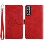 For Samsung Galaxy S21+ 5G Magnetic Butterfly Flower Pattern Imprinted Leather Flip Wallet Case Folio Stand View Skin-touch Feeling Shell with Wrist Strap