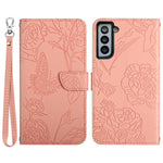 For Samsung Galaxy S21 4G/5G PU Leather Book Wallet Case Full Body Butterfly Flower Pattern Imprinted Skin-touch Feeling Stand Function Cover with Strap