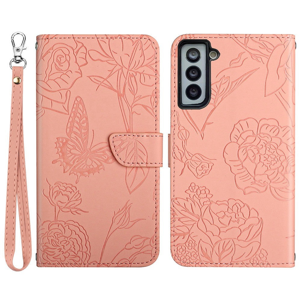 For Samsung Galaxy S21 4G/5G PU Leather Book Wallet Case Full Body Butterfly Flower Pattern Imprinted Skin-touch Feeling Stand Function Cover with Strap