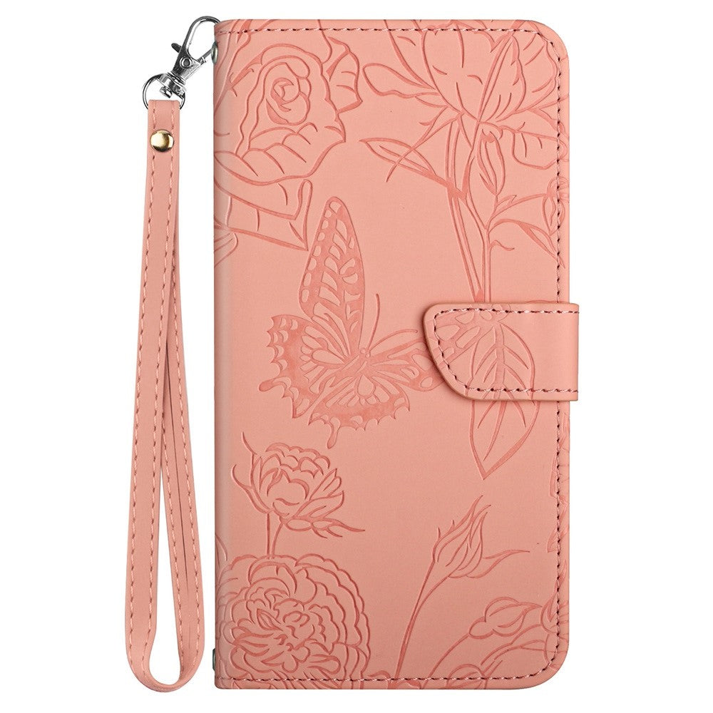 For Samsung Galaxy S21 4G/5G PU Leather Book Wallet Case Full Body Butterfly Flower Pattern Imprinted Skin-touch Feeling Stand Function Cover with Strap