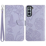 For Samsung Galaxy S21 4G/5G PU Leather Book Wallet Case Full Body Butterfly Flower Pattern Imprinted Skin-touch Feeling Stand Function Cover with Strap