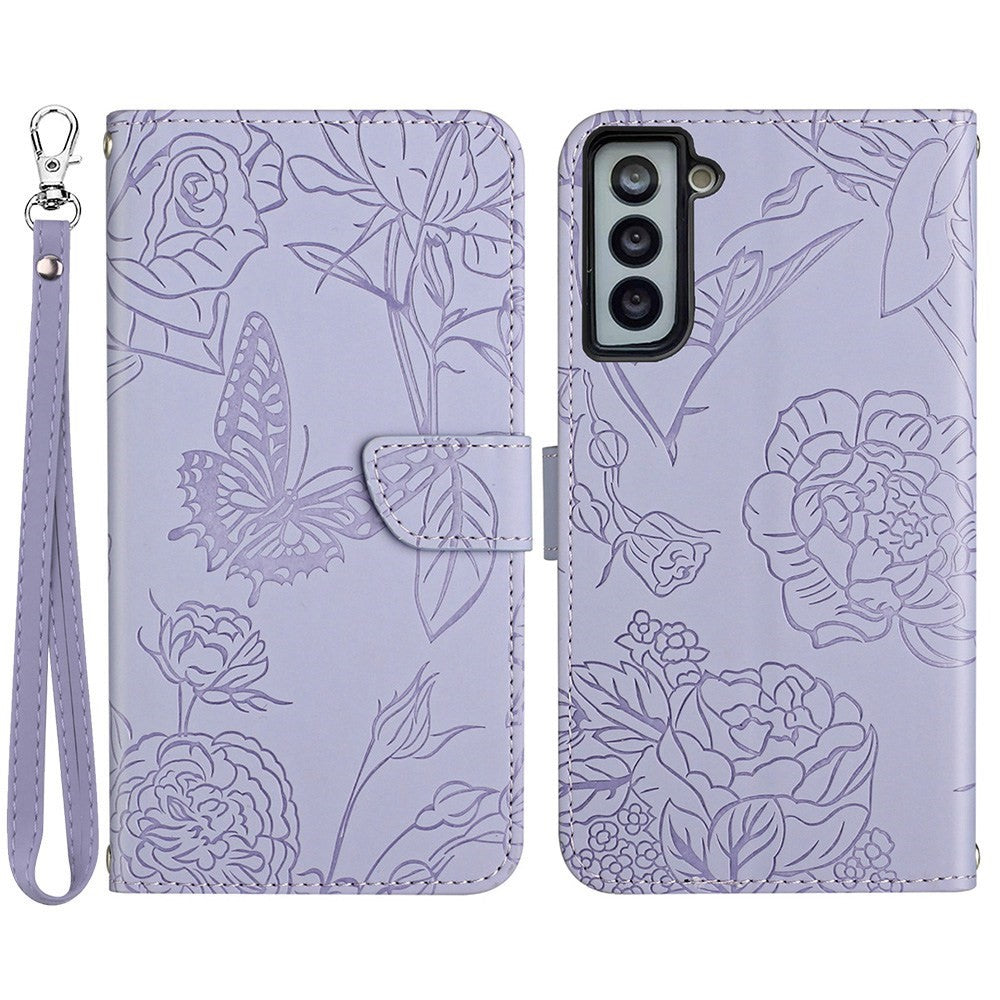 For Samsung Galaxy S21 4G/5G PU Leather Book Wallet Case Full Body Butterfly Flower Pattern Imprinted Skin-touch Feeling Stand Function Cover with Strap