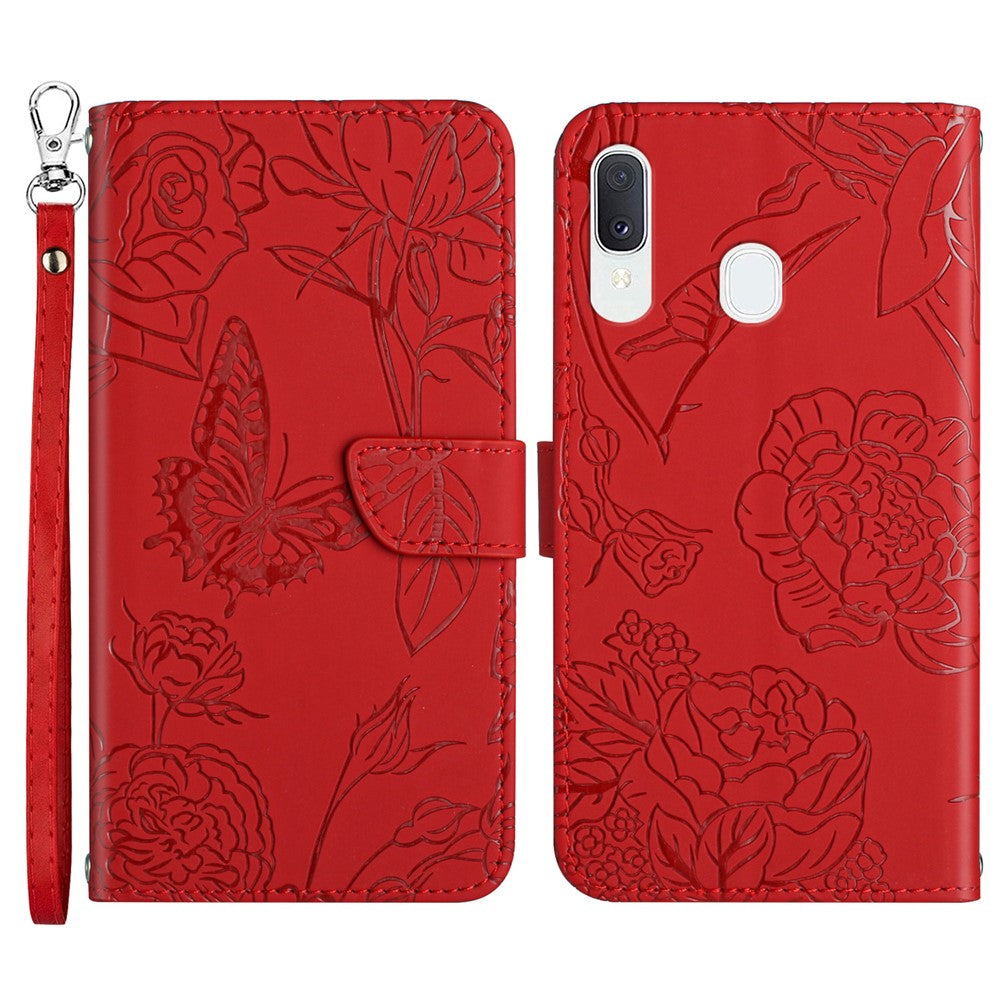 For Samsung Galaxy A20e Skin-touch Feeling Leather Phone Stand Cover Butterfly Flower Pattern Imprinted Flip Wallet Shell with Wrist Strap