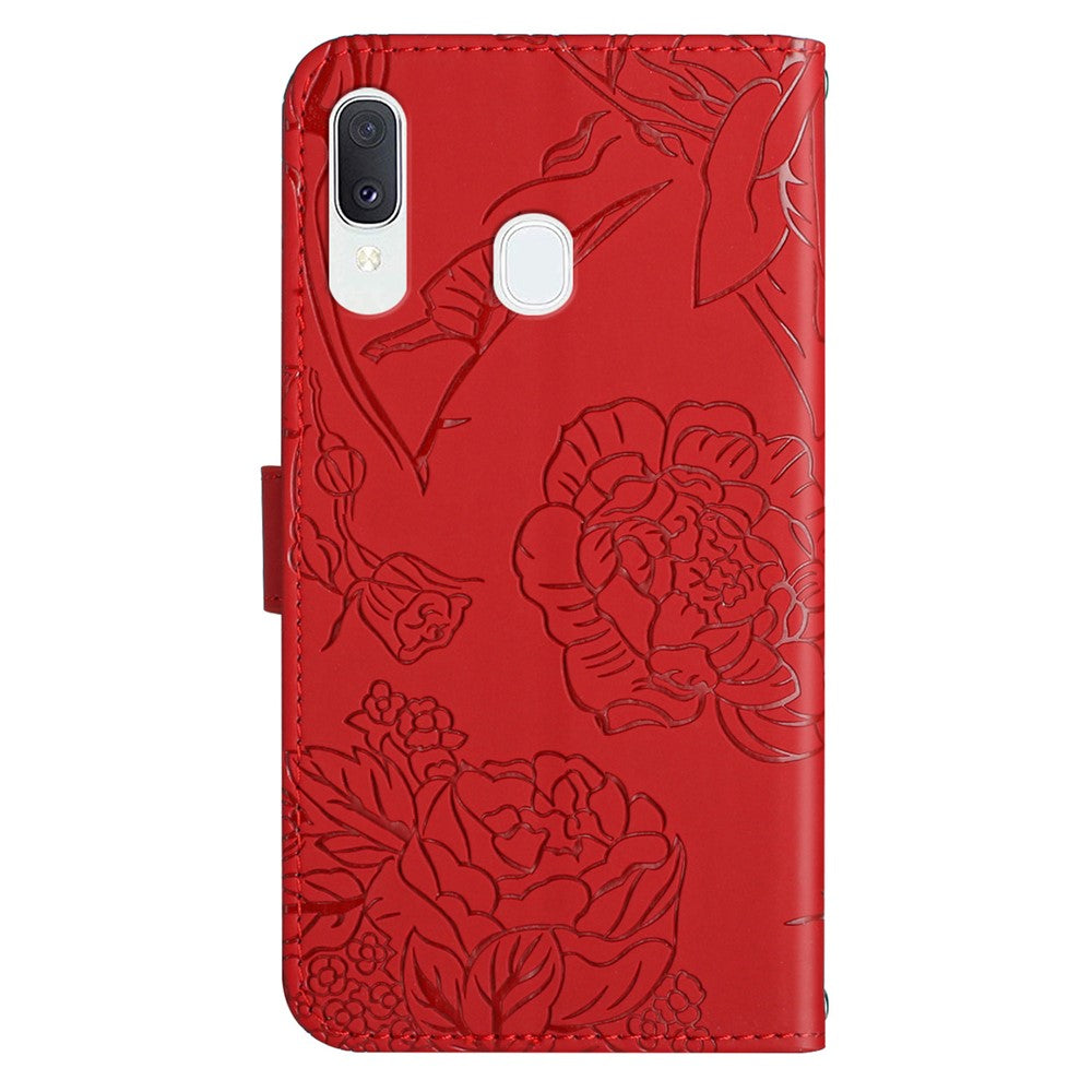 For Samsung Galaxy A20e Skin-touch Feeling Leather Phone Stand Cover Butterfly Flower Pattern Imprinted Flip Wallet Shell with Wrist Strap