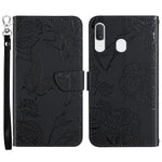 For Samsung Galaxy A20e Skin-touch Feeling Leather Phone Stand Cover Butterfly Flower Pattern Imprinted Flip Wallet Shell with Wrist Strap