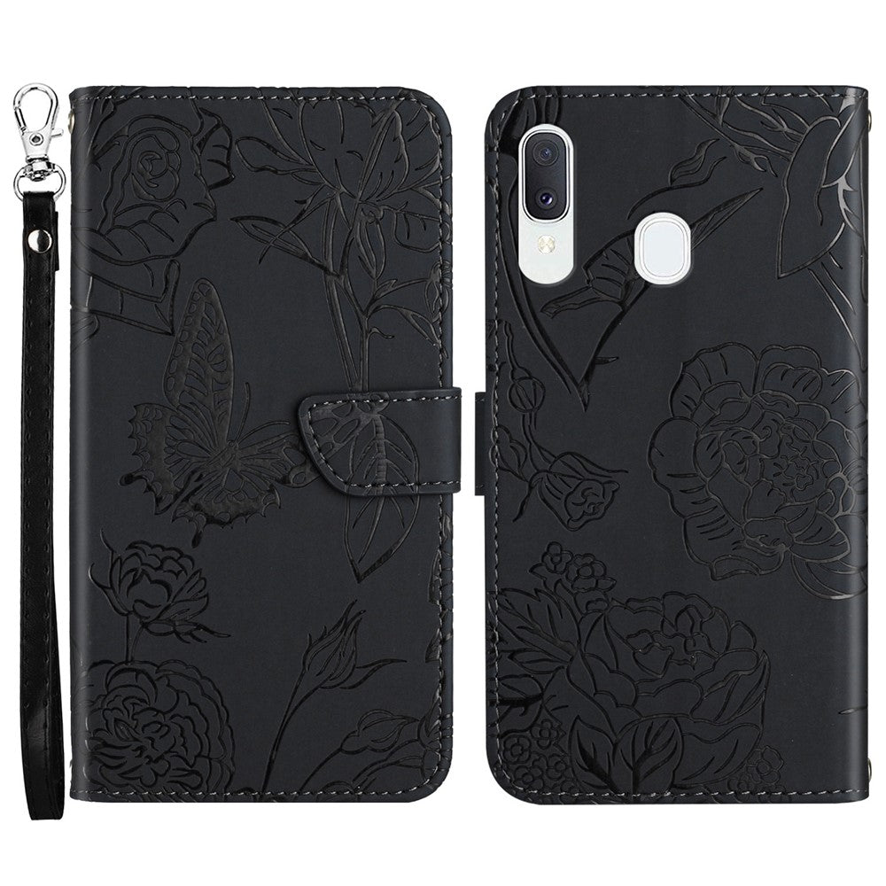 For Samsung Galaxy A20e Skin-touch Feeling Leather Phone Stand Cover Butterfly Flower Pattern Imprinted Flip Wallet Shell with Wrist Strap