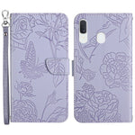 For Samsung Galaxy A20e Skin-touch Feeling Leather Phone Stand Cover Butterfly Flower Pattern Imprinted Flip Wallet Shell with Wrist Strap