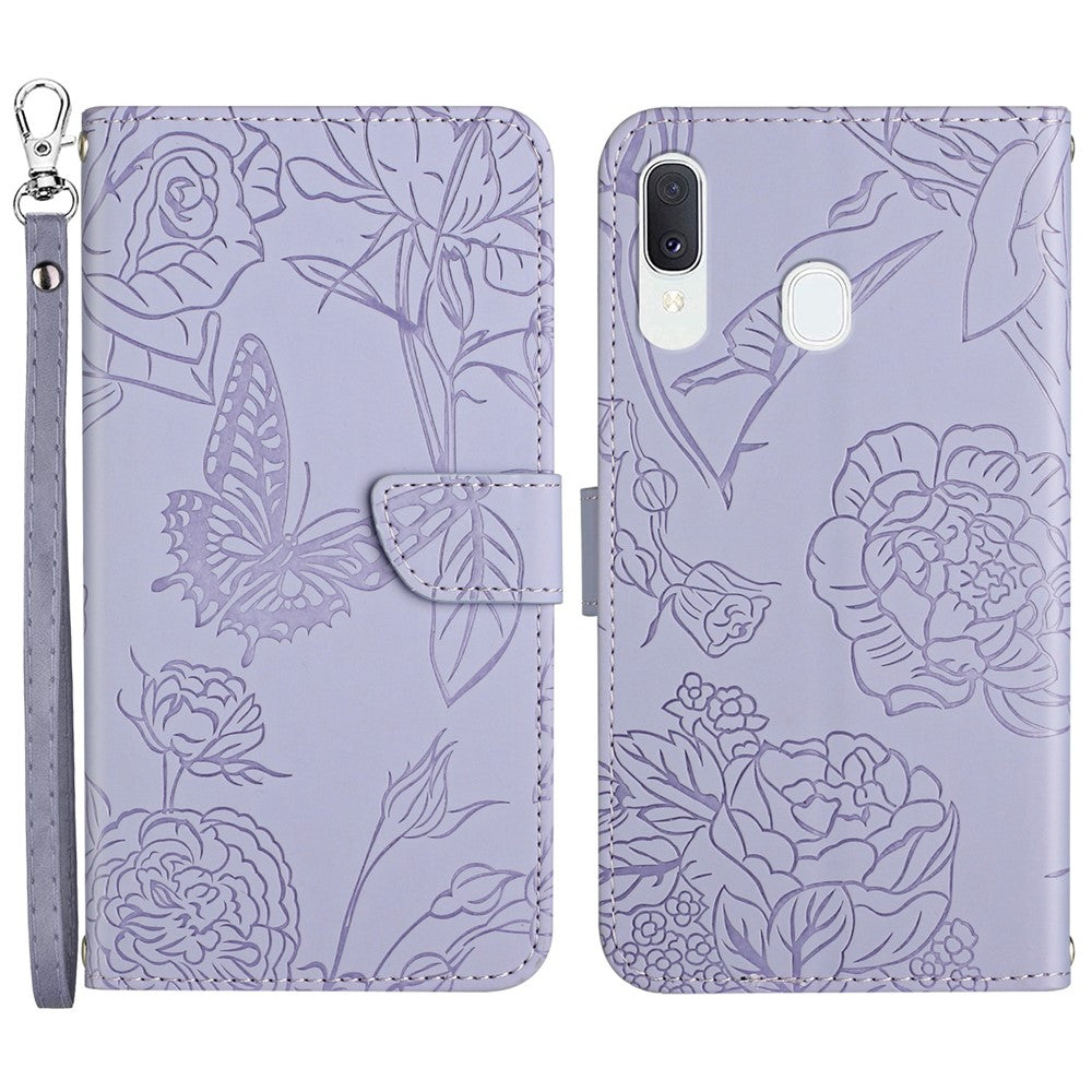For Samsung Galaxy A20e Skin-touch Feeling Leather Phone Stand Cover Butterfly Flower Pattern Imprinted Flip Wallet Shell with Wrist Strap