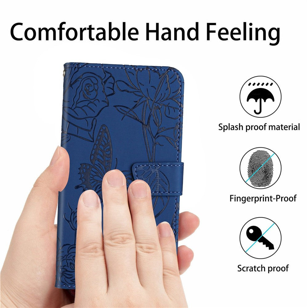 Butterfly Flower Imprinted Phone Cover for Samsung Galaxy A53 5G, Wallet Function Skin-touch PU Leather Stand Shell with Hand Strap
