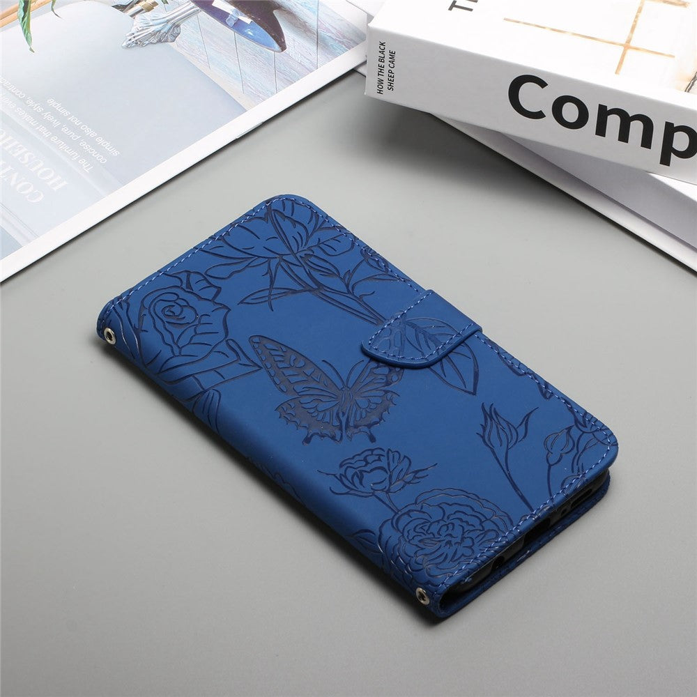 Butterfly Flower Imprinted Phone Cover for Samsung Galaxy A53 5G, Wallet Function Skin-touch PU Leather Stand Shell with Hand Strap