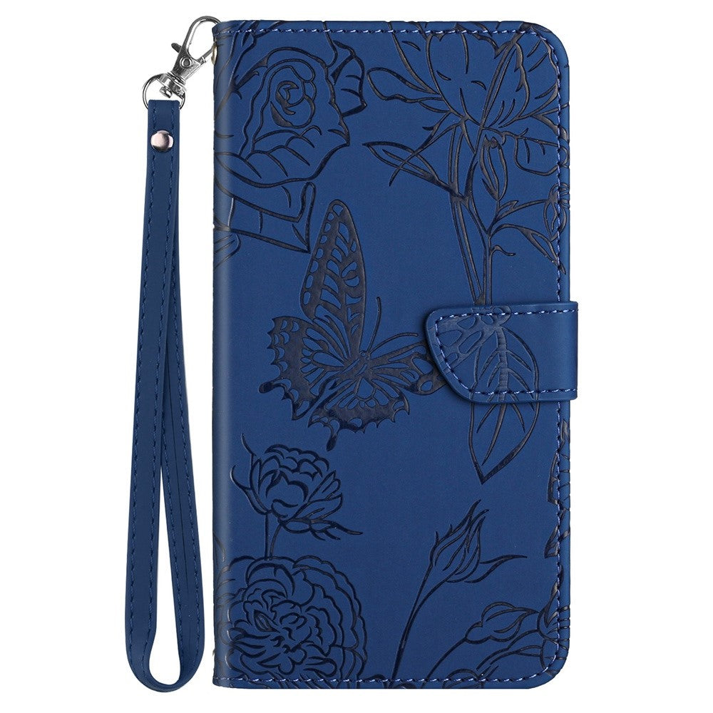 Butterfly Flower Imprinted Phone Cover for Samsung Galaxy A53 5G, Wallet Function Skin-touch PU Leather Stand Shell with Hand Strap