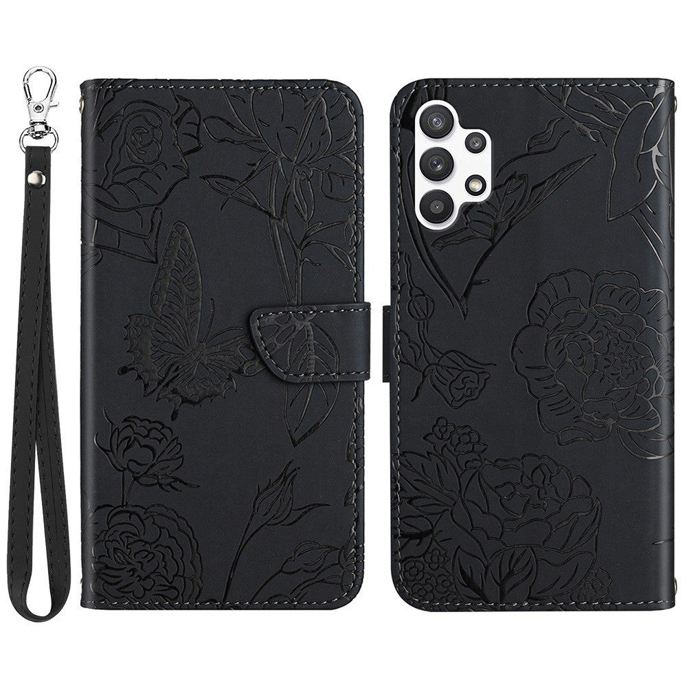 For Samsung Galaxy A13 4G Imprinted Butterfly Flower Wallet Case Skin-touch PU Leather Stand Hand Strap Shockproof Protective Cover