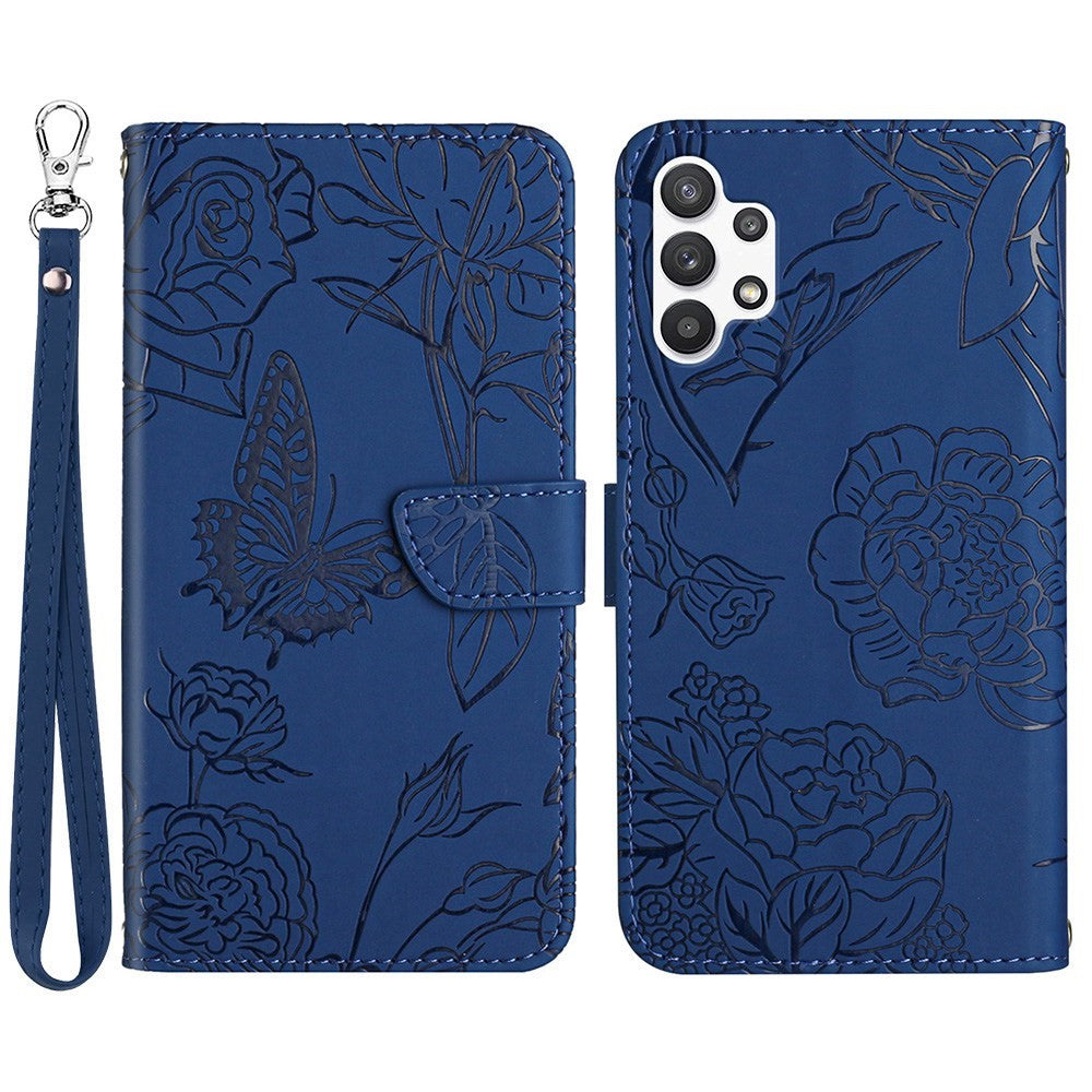 For Samsung Galaxy A13 4G Imprinted Butterfly Flower Wallet Case Skin-touch PU Leather Stand Hand Strap Shockproof Protective Cover