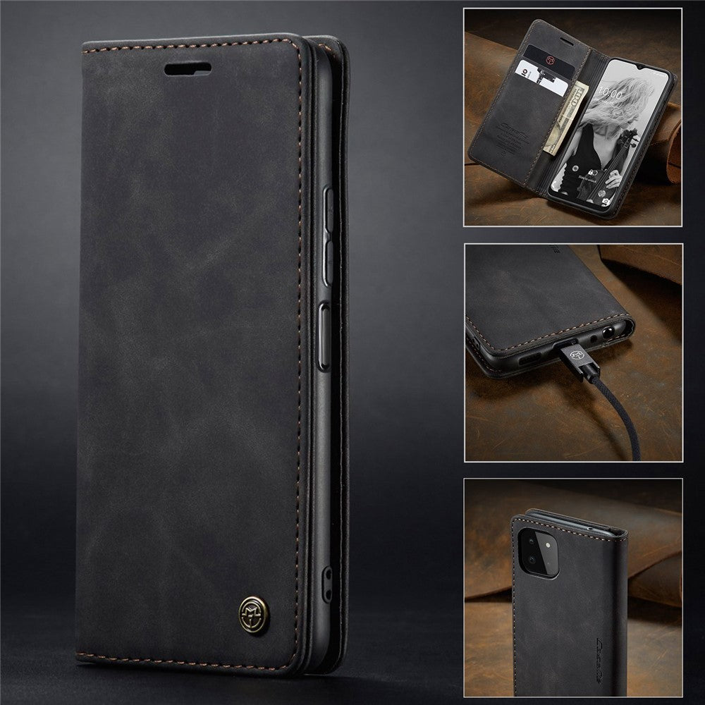 CASEME 013-serien dammtät mobilskal för Samsung Galaxy A22 5G (EU-version), självabsorberande PU-läder + TPU plånbok vikbart stativ mobilmobilskal