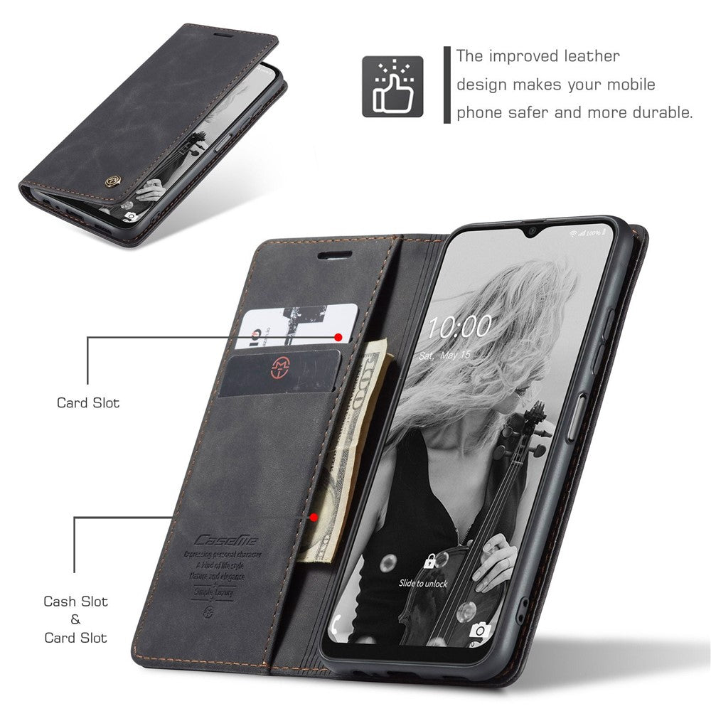 CASEME 013-serien dammtät mobilskal för Samsung Galaxy A22 5G (EU-version), självabsorberande PU-läder + TPU plånbok vikbart stativ mobilmobilskal
