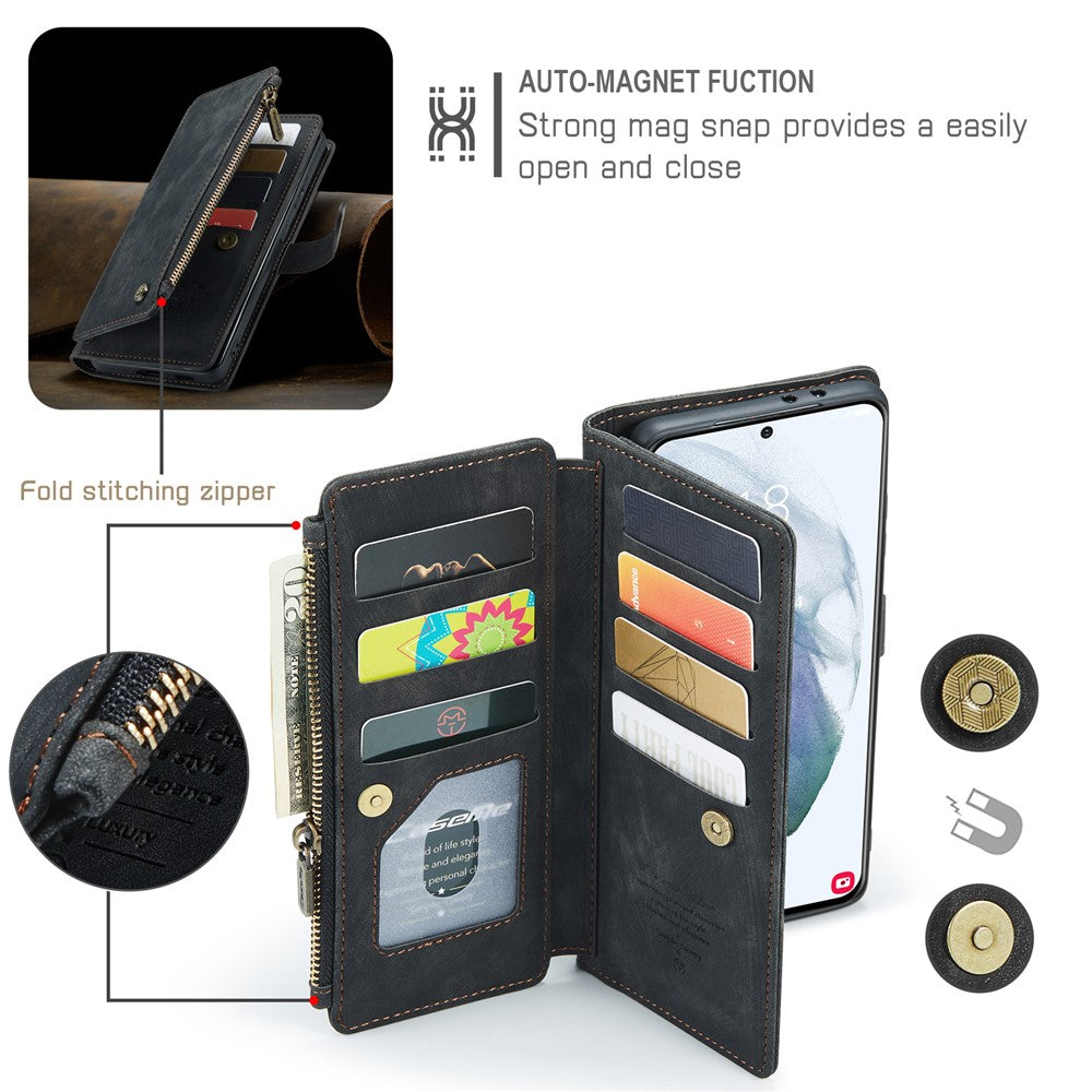 For Samsung Galaxy S21+ 5G Phone Cases with Strap CASEME C30 Zipper Multiple Card Holder PU Leather Cover