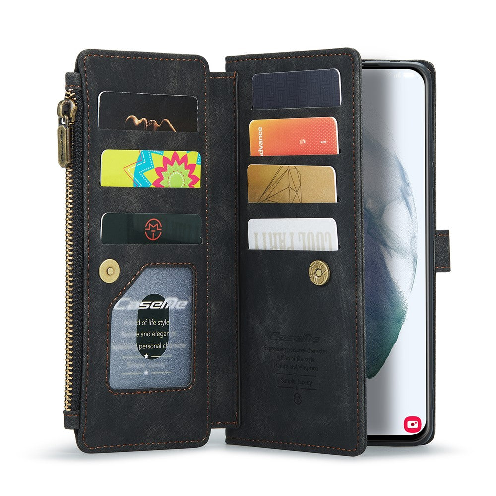 For Samsung Galaxy S21+ 5G Phone Cases with Strap CASEME C30 Zipper Multiple Card Holder PU Leather Cover