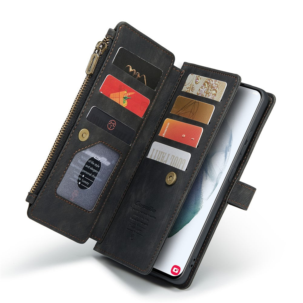 For Samsung Galaxy S21+ 5G Phone Cases with Strap CASEME C30 Zipper Multiple Card Holder PU Leather Cover