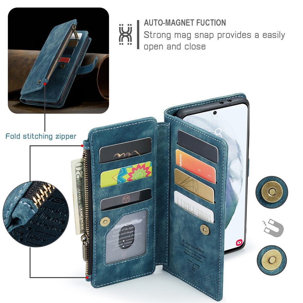For Samsung Galaxy S21 FE 5G Phone Cases with Strap CASEME C30 Zipper Multiple Card Holder PU Leather Cover