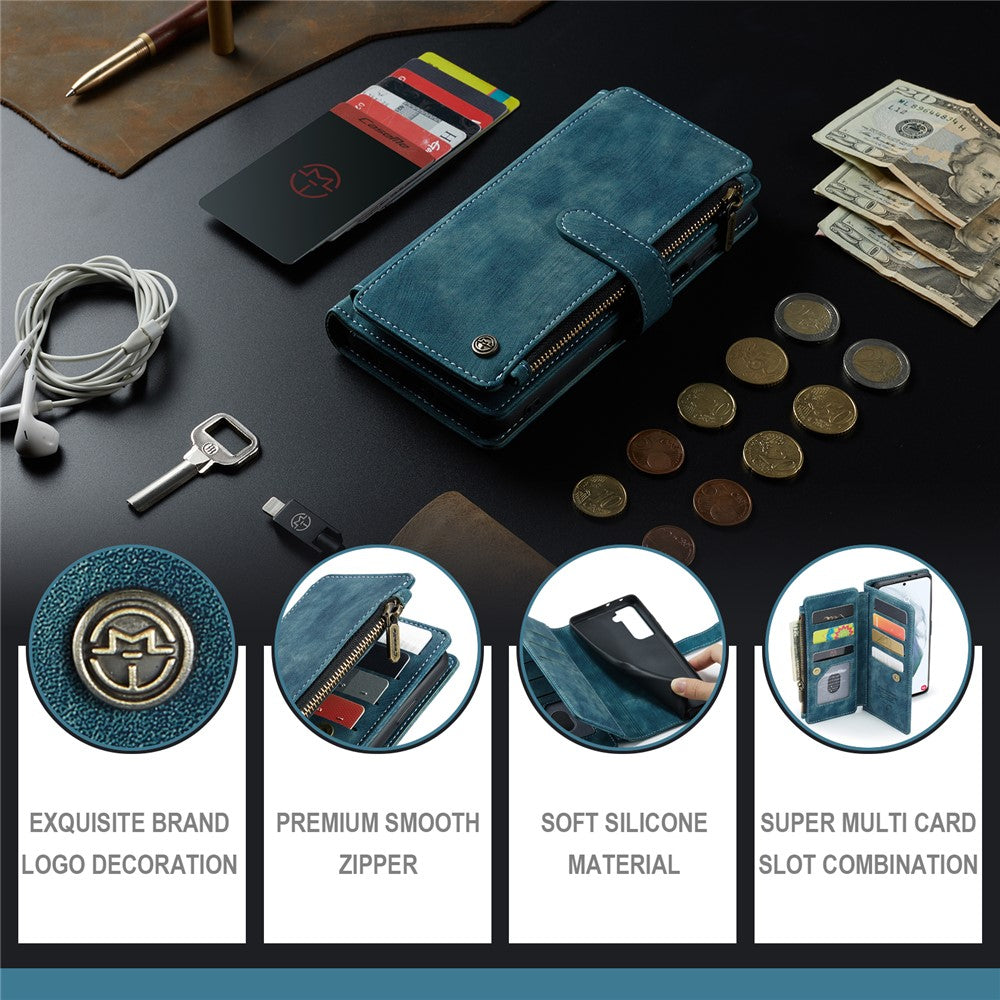 For Samsung Galaxy S21 FE 5G Phone Cases with Strap CASEME C30 Zipper Multiple Card Holder PU Leather Cover