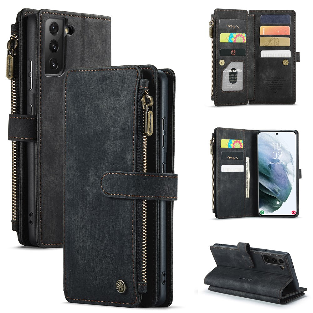 For Samsung Galaxy S21 FE 5G Phone Cases with Strap CASEME C30 Zipper Multiple Card Holder PU Leather Cover