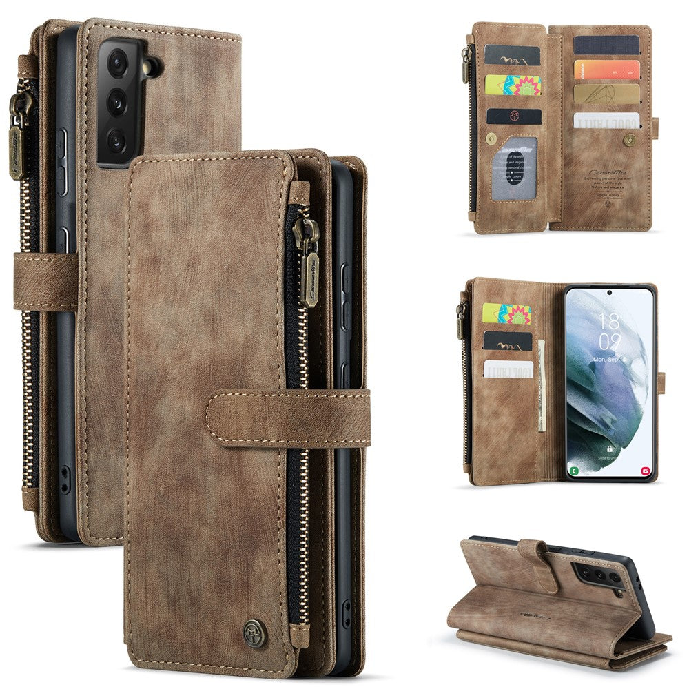 For Samsung Galaxy S21 FE 5G Phone Cases with Strap CASEME C30 Zipper Multiple Card Holder PU Leather Cover