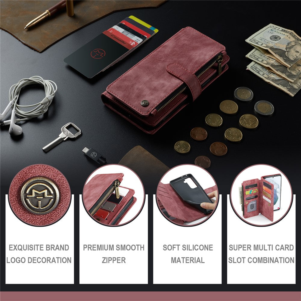 For Samsung Galaxy S22+ 5G Phone Cases with Strap CASEME C30 Zipper Multiple Card Holder PU Leather Cover