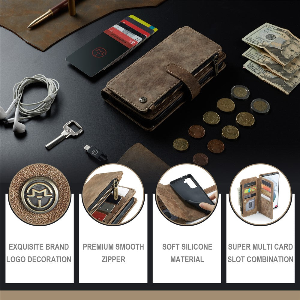 For Samsung Galaxy S22 5G Phone Cases with Strap CASEME C30 Zipper Multiple Card Holder PU Leather Cover